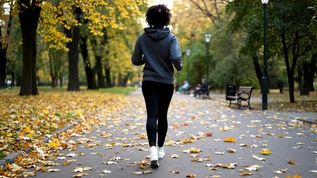 Woman runs through autumn park with fallen leaves on path. Runner jogs in park during autumn exercise. Woman jogging on path with fall leaves. Autumn park running with woman on leaf-covered path.