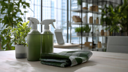 Sustainable cleaning storage featuring refillable bottles and natural tools