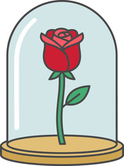 A vibrant red rose with a green stem and leaf, elegantly displayed and preserved under a clear glass dome on a simple wooden base, in a cartoon style illustration. © Nurjayanto