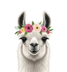Fototapeta premium Llama portrait with floral crown digital cute isolated on transparent background
