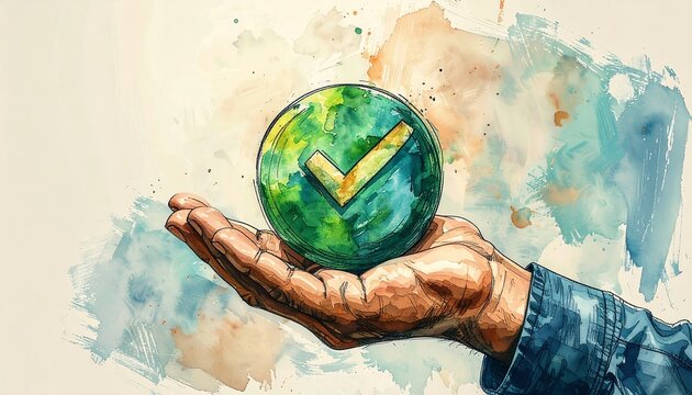 A hand, painted in watercolor, holds a vibrant green and yellow sphere with a checkmark, symbolizing approval