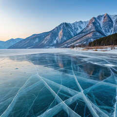 Frozen winter landscape featuring cracked blue ice covering vast lake surface surrounded by snowy mountain peaks tranquil sunset sky creates cold peaceful atmosphere wild natural environment