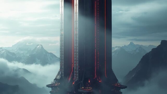 Towering Sci-Fi Skyscraper Red Neon Glow Mountains Misty Clouds Dramatic