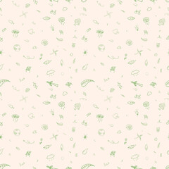 Eco-friendly hand-drawn seamless pattern with green doodle sketches of wind turbines, solar panels, recycling symbols, and nature elements. Minimalist sustainable energy and ecology concept background
