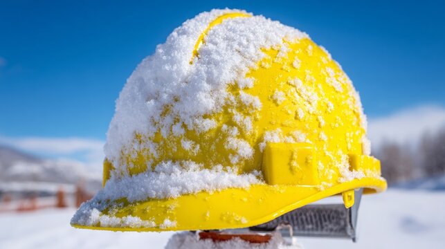 Snow covered yellow safety hardhat helmet isolated against blue sky, winter storm accident risk concept highlighting engineer protection and construction safety