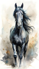 Majestic Watercolor Painting of Two Galloping Horses One White and One Black in Motion