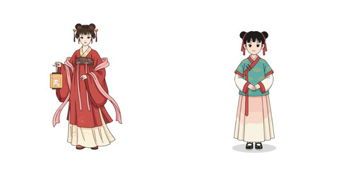 Vector of a little girl wearing Hanfu clothes. Vector, minimalist, illustration, icon set.
