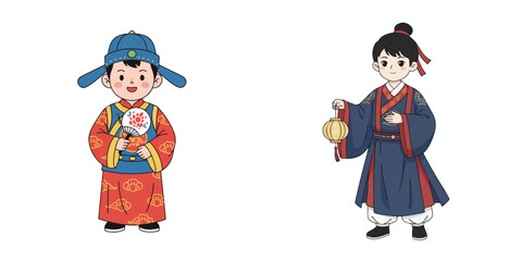 Vector of a little boy wearing Hanfu clothes. Vector, minimalist, illustration, icon set.