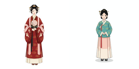 Vector of woman wearing Hanfu clothes. Vector, minimalist, illustration, icon set.