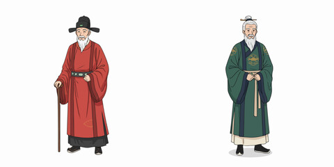 Vector of grandfather wearing Hanfu clothes. Vector, minimalist, illustration, icon set.