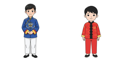 Vector of a little boy wearing a traditional Chinese Tang suit. Vector, minimalist, illustration, icon set.