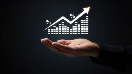 Hand presenting a digital growth chart with upward trend and percentage symbols, illustrating financial success and business analytics in a modern, professional context