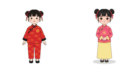 Vector of a little girl wearing a Tang Suit clothes. Vector, minimalist, illustration, icon set.