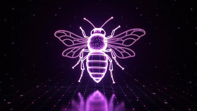 A vibrant, animated representation of a bee, glowing in neon purple on a digitized background with geometric patterns creating a tech-inspired visual effect