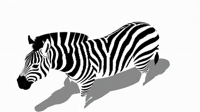 Animated zebra with black and white stripes, moving with a shadow effect against a plain background, creating a dynamic visual experience