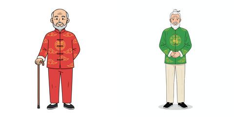 Vector of grandfather wearing traditional Chinese Tang Suit. Vector, minimalist, illustration, icon set.
