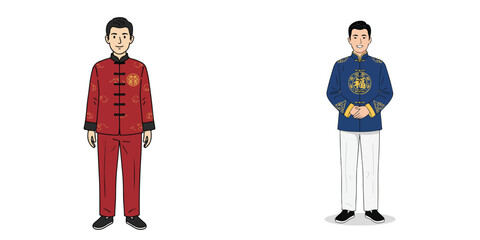 Vector of a man wearing a traditional Chinese Tang Suit. Vector, minimalist, illustration, icon set.