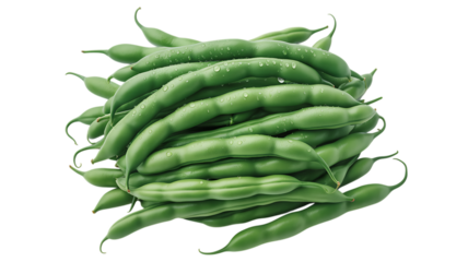 Fresh green pea pods with water droplets isolated on a transparent background vegetable food