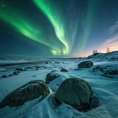 Spectacular winter landscape featuring stunning green northern lights over snowy rocks with magical aurora borealis glowing brightly starry night sky creating breathtaking and serene arctic