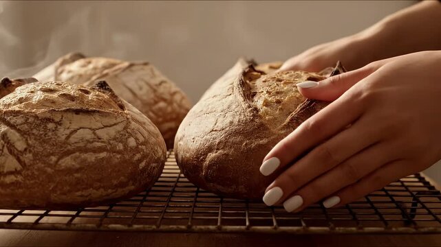 Freshly baked artisan bread on a cooling rack