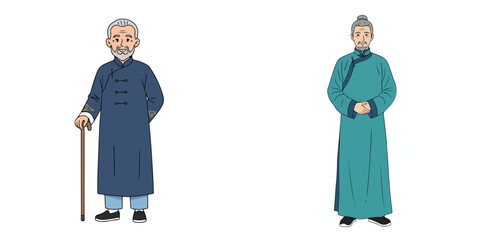 Vector of grandfather wearing traditional Chinese Changshan clothes. Vector, minimalist, illustration, icon set.