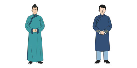 Vector of a man wearing traditional Chinese Changshan clothing. Vector, minimalist, illustration, icon set.