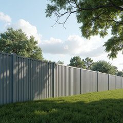 Modern fence stands tall in serene landscape, surrounded by lush greenery and trees under clear sky. scene evokes sense of tranquility and privacy