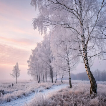 Serene winter landscape featuring frosted birch trees against peaceful pink sunrise sky evoking calm and wonder amid frozen nature scenery with cold snow covering ground during beautiful morning