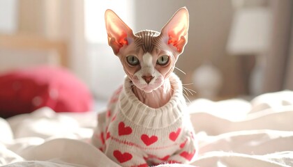 A hairless feline, wearing a sweater with red hearts, stares at the camera while sitting on a sunlit bed