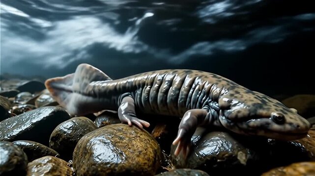 Close-up view of a large salamander on smooth river rocks in a dark underwater scene with flowing water above