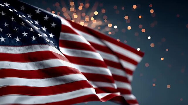 A closeup of the American flag, with its iconic red and white stripes and blue field with white stars. The flag is waving against a backdrop of a starry night sky.