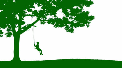 Child swinging happily on tree swing in green silhouette