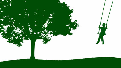 Child swinging happily on tree swing in green silhouette