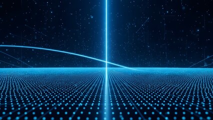 Futuristic digital landscape with glowing blue lines and grid pattern