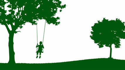 Child playing on swing under tree in green silhouette landscape
