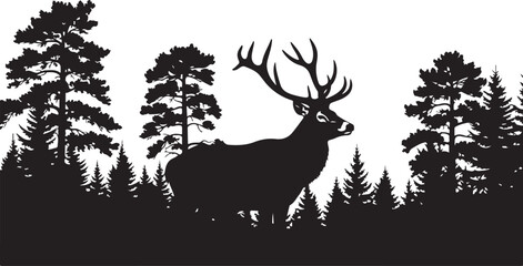 Majestic Deer Stag Silhouette with Forest Landscape on White Background.