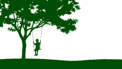 Child playing on swing under tree in green silhouette
