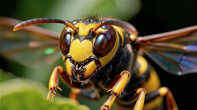 Close-up of a vibrant yellow and black bee perched on a leaf, showcasing intricate details of its body and wings in natural sunlight