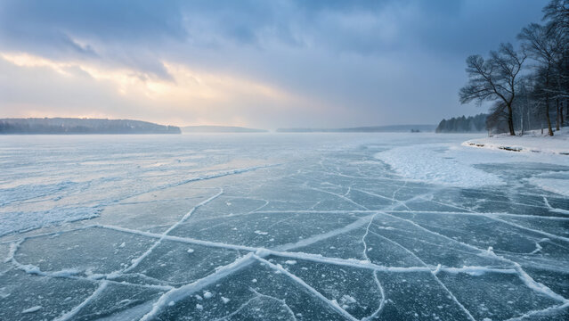 Serene blue winter landscape showcasing frozen lake surface with dramatic ice cracks extending towards horizon under cloudy sky with breaking sunlight evoking peaceful solitude in nature outdoors
