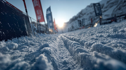 Close-up of ski start gate with fresh snow tracks on steep mountain slope during sunrise in winter sports competition setting