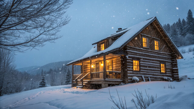 Warm lights glowing from rustic wooden cabin create cozy welcoming feeling amidst cold snowy winter landscape surrounded by frozen forest and mountains in tranquil twilight evening atmosphere