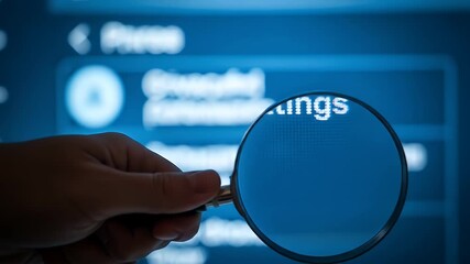 Hand holding magnifying glass examining privacy settings on digital screen closely displayed - Powered by Adobe