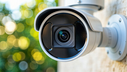Close-up of modern outdoor security camera mounted on pole