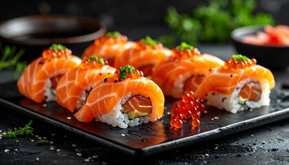 Salmon Sushi Rolls with Caviar Garnish.