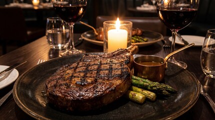 Naklejka premium Juicy Grilled Steak Served with Asparagus and Red Wine on a Candlelit Table in Elegant Restaurant