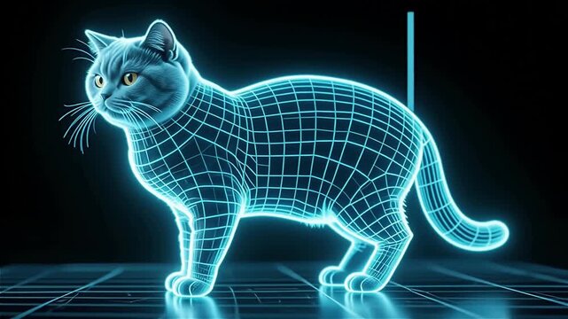 A glowing, holographic cat displayed in a dark environment, showcasing intricate grid patterns and a vibrant blue color palette