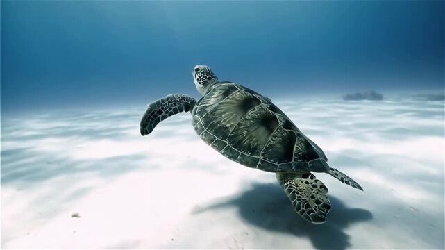 A graceful sea turtle swimming over a sandy ocean floor in clear blue water, showcasing its intricate shell patterns and serene surroundings