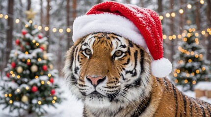 Majestic Tiger Wearing Santa Hat Surrounded by Snowy Forest and Christmas Trees with Ornaments