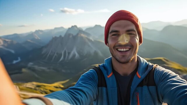 Man takes selfie with mountain range in background on a sunny day wearing red hat and blue jacket