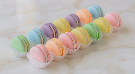 [AI] Handmade Style Pastel Macarons on Marble Surface